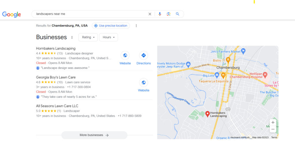 google my business results page screenshot for landscapers