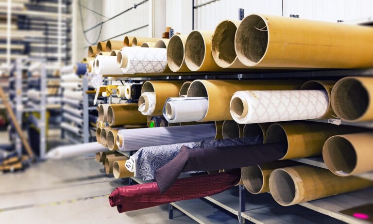 industrial warehouse with fabric rolls