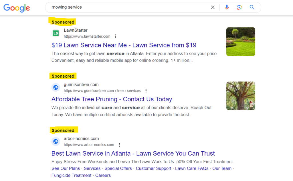 google ads serp for mowing services in atlanta