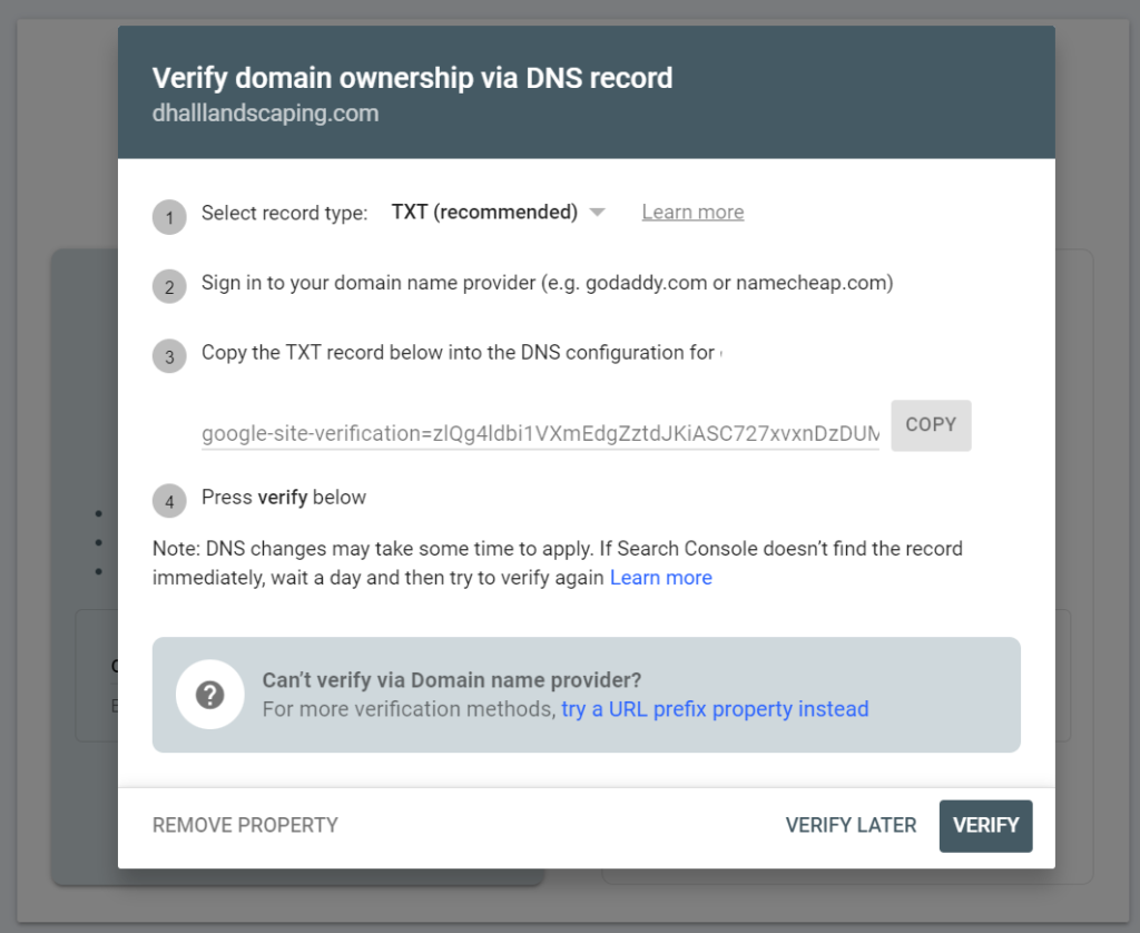 Google Search Console DNS verification popup