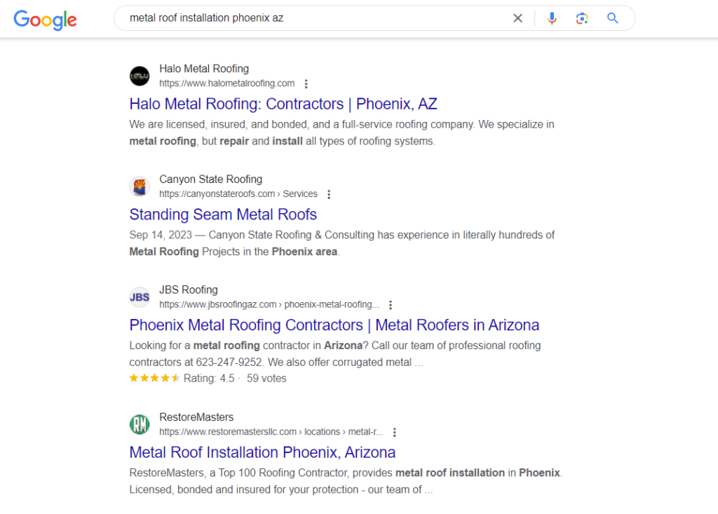 organic search results for metal roofing