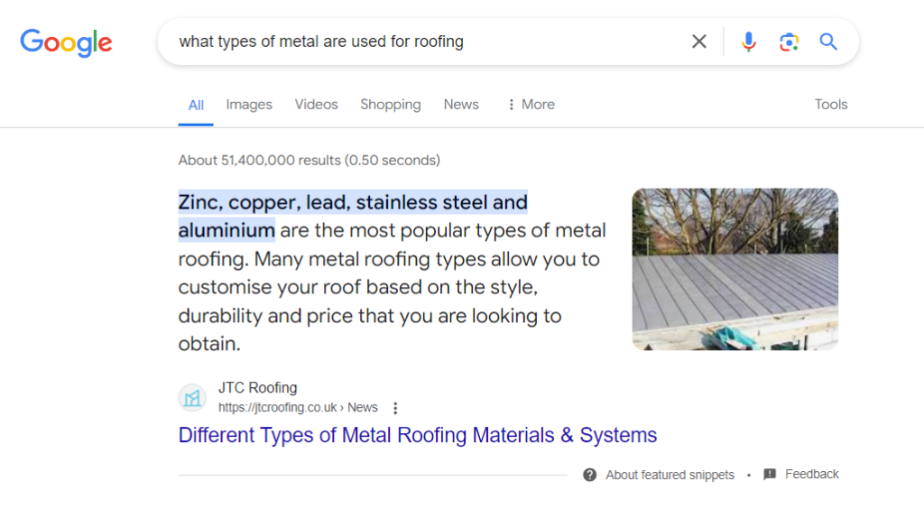 Featured Snippet of metal roof options