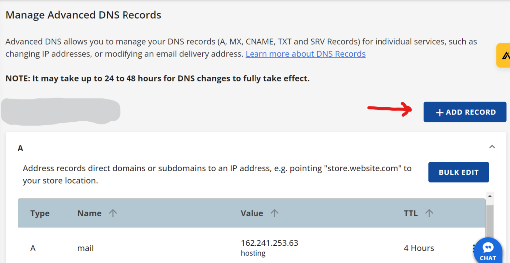Bluehost add DNS record button