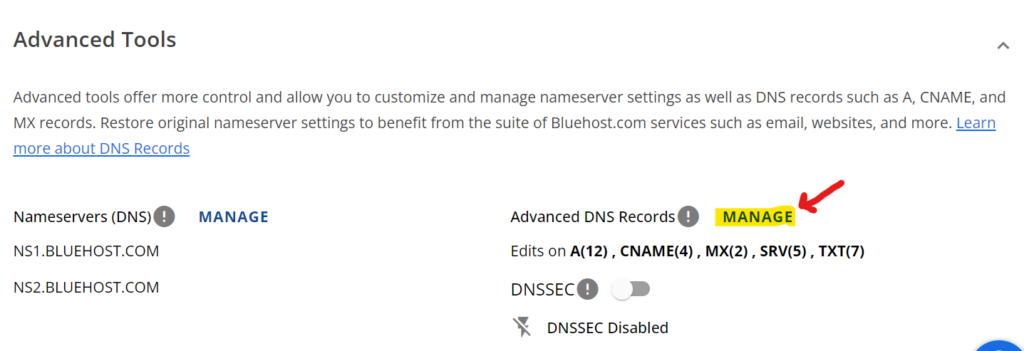 Bluehost advanced tools dropdown